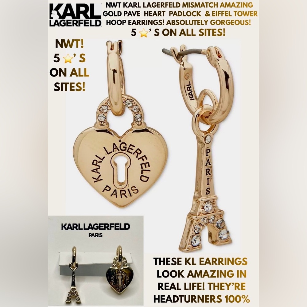 NWT KARL LAGERFELD 14K MISMATCH EARRINGS! EIFFEL TOWER & HEART PADLOCK! SHINEY!